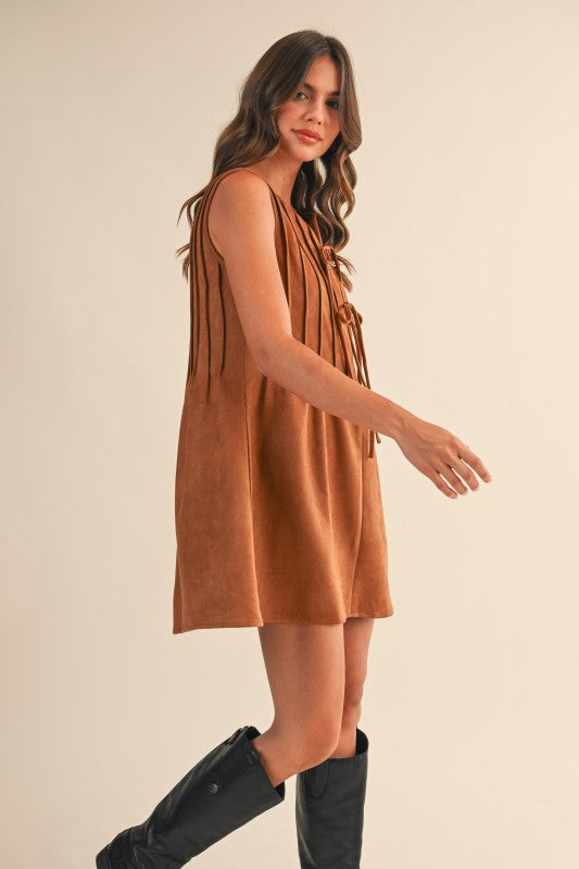 Suede Pintuck Sleeveless Mini Dress