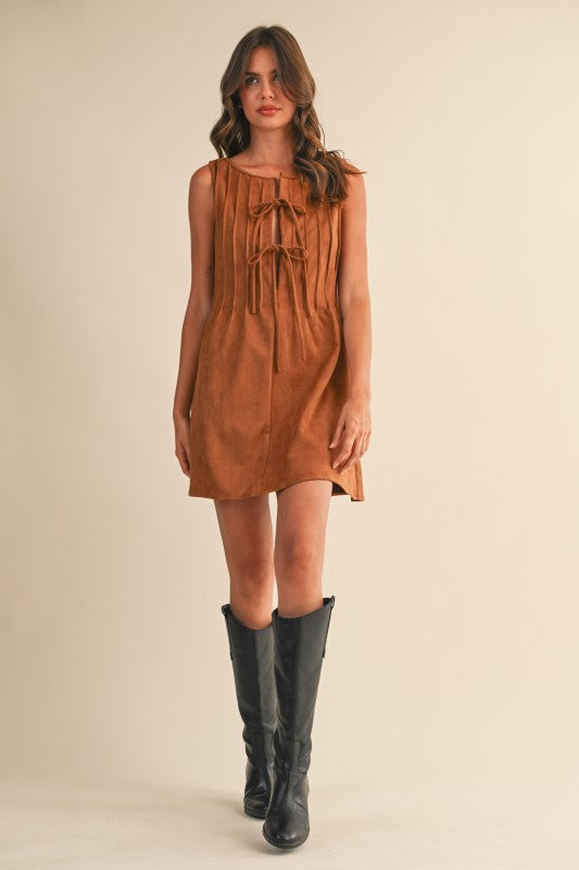 Suede Pintuck Sleeveless Mini Dress