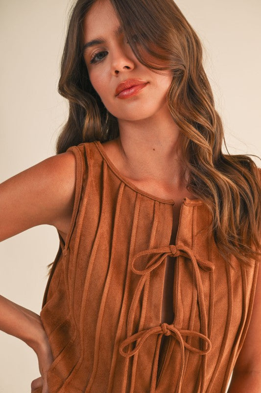 Suede Pintuck Sleeveless Mini Dress