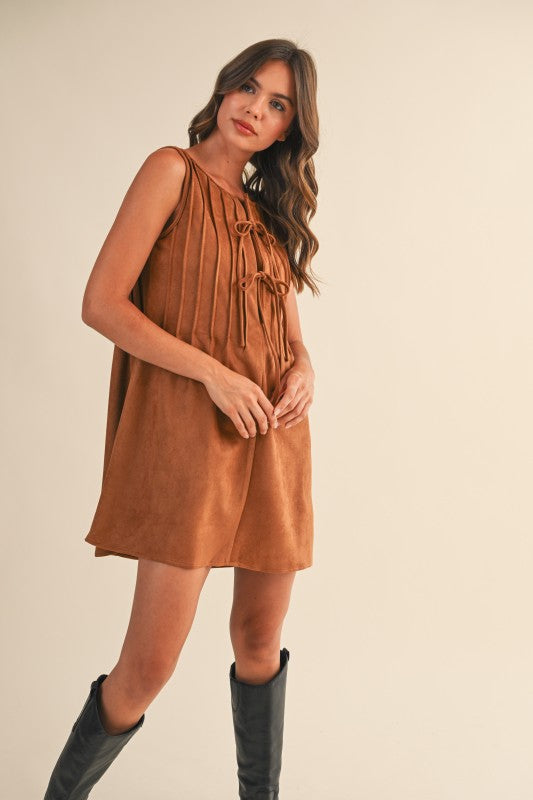 Suede Pintuck Sleeveless Mini Dress