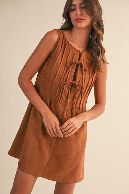 Suede Pintuck Sleeveless Mini Dress
