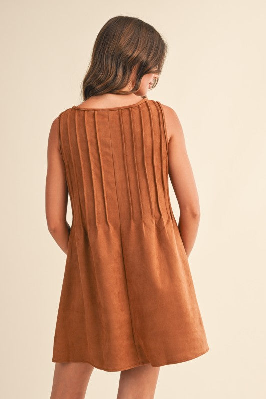 Suede Pintuck Sleeveless Mini Dress