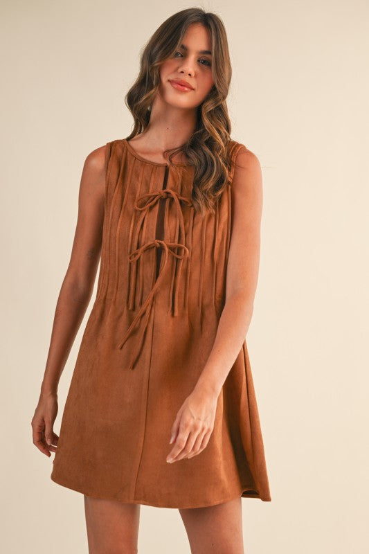 Suede Pintuck Sleeveless Mini Dress