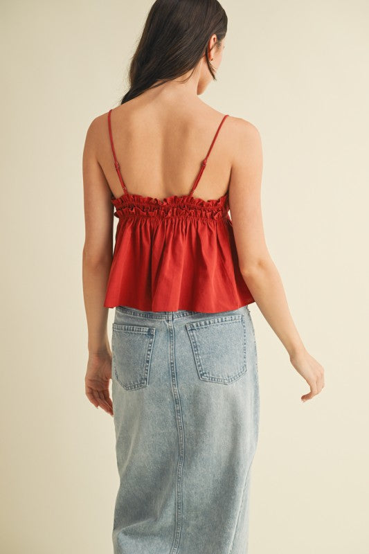 Elastic Ruffle V Neck Cami Top In 3 Colors