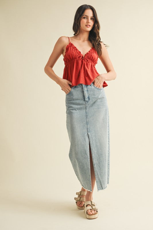 Elastic Ruffle V Neck Cami Top In 3 Colors