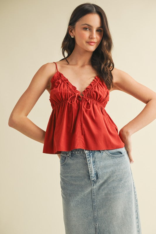 Elastic Ruffle V Neck Cami Top In 3 Colors