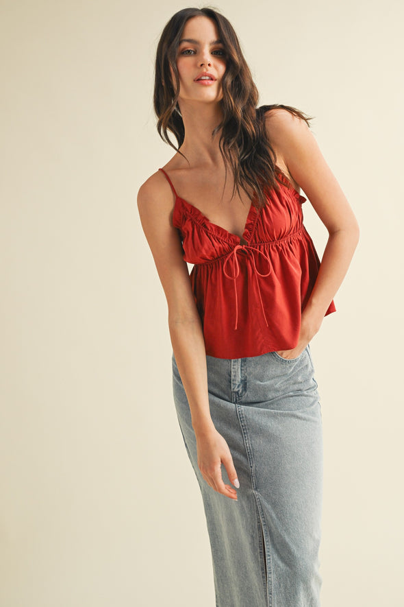 Elastic Ruffle V Neck Cami Top In 3 Colors