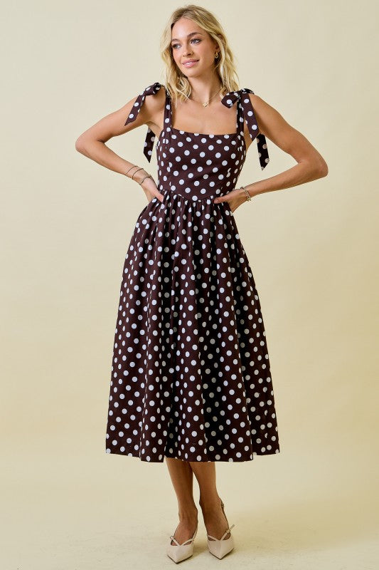 Polka Dot Midi Brown Dress With Shoulder Ties