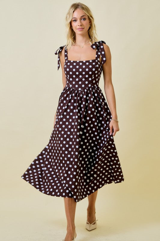Polka Dot Midi Brown Dress With Shoulder Ties