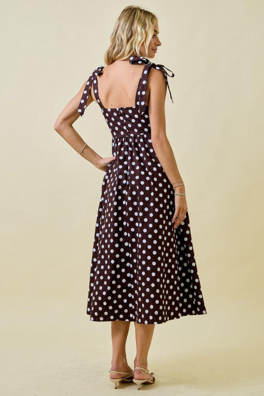 Polka Dot Midi Brown Dress With Shoulder Ties