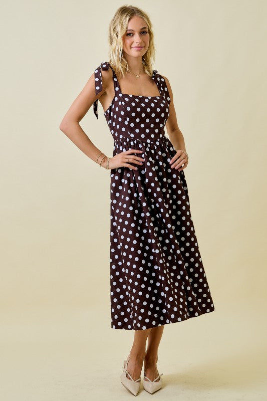 Polka Dot Midi Brown Dress With Shoulder Ties