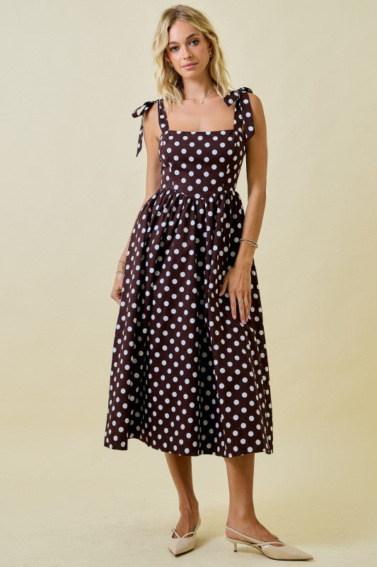Polka Dot Midi Brown Dress With Shoulder Ties