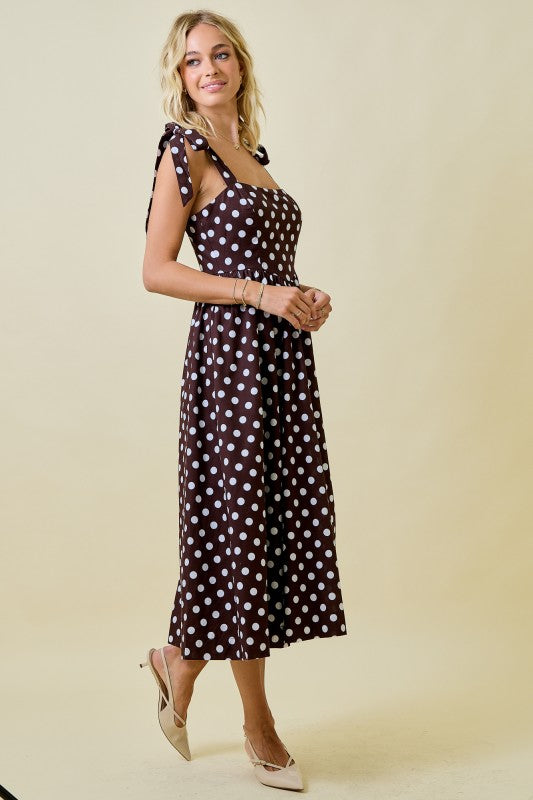 Polka Dot Midi Brown Dress With Shoulder Ties