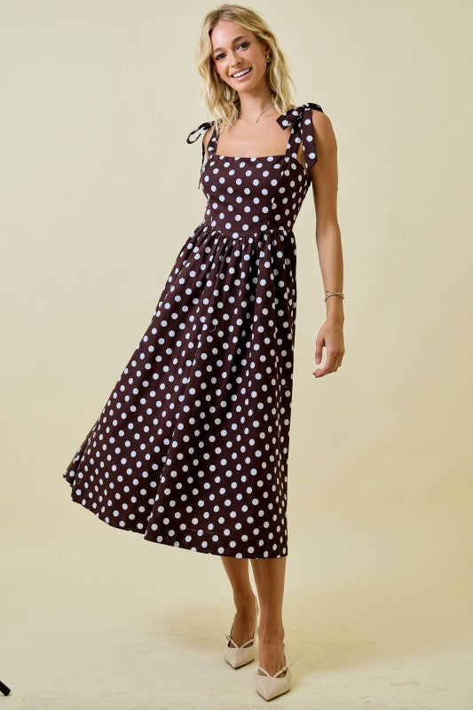 Polka Dot Midi Brown Dress With Shoulder Ties
