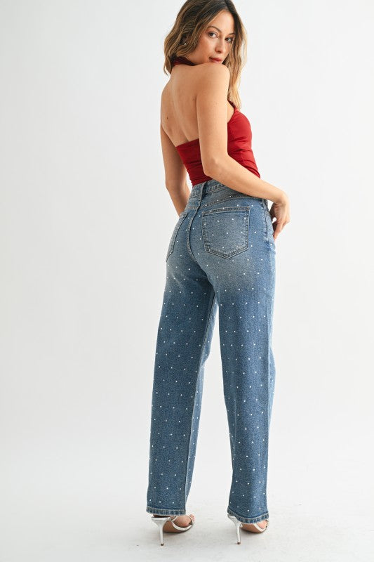 Rhinestone Detailed High Rise Vintage Straight Jeans