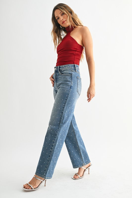 Rhinestone Detailed High Rise Vintage Straight Jeans