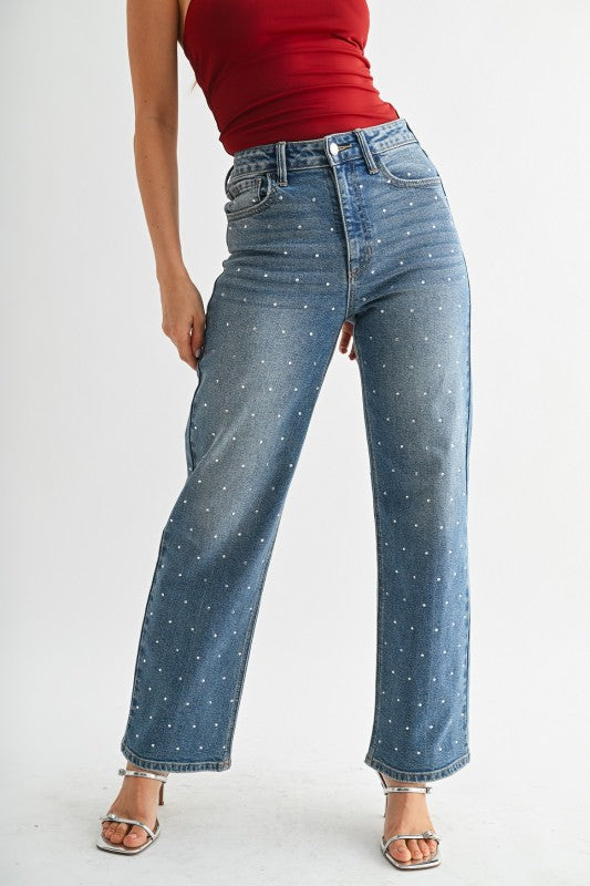 Rhinestone Detailed High Rise Vintage Straight Jeans
