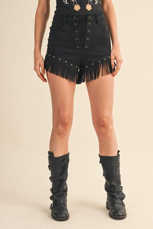 Suede Fringe Stud Front Lace Up Shorts in Black or Camel