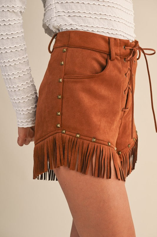 Suede Fringe Stud Front Lace Up Shorts in Black or Camel