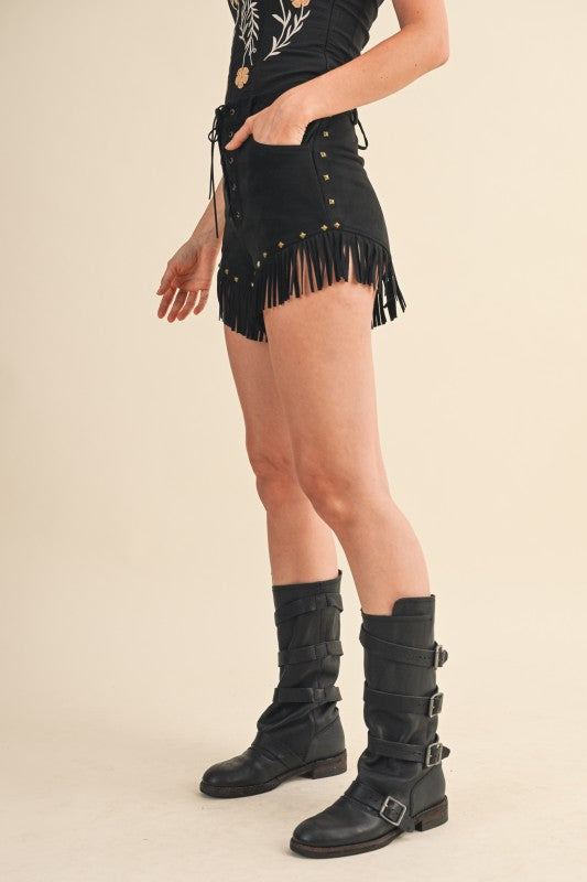 Suede Fringe Stud Front Lace Up Shorts in Black or Camel