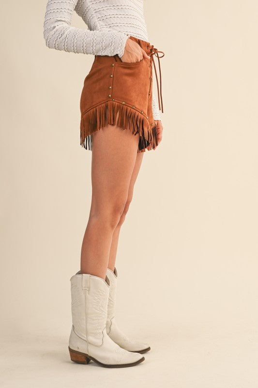 Suede Fringe Stud Front Lace Up Shorts in Black or Camel