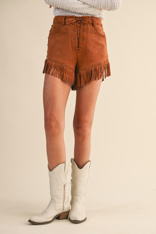 Suede Fringe Stud Front Lace Up Shorts in Black or Camel