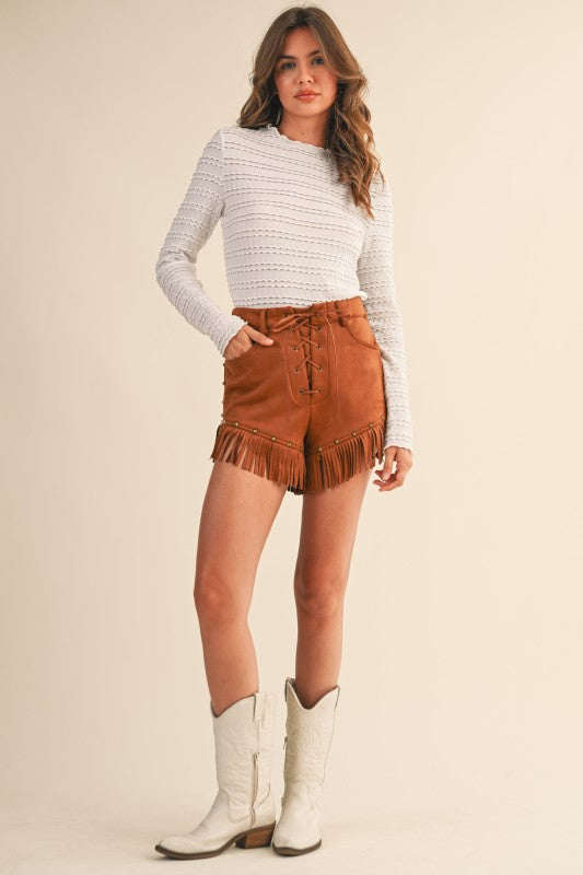 Suede Fringe Stud Front Lace Up Shorts in Black or Camel