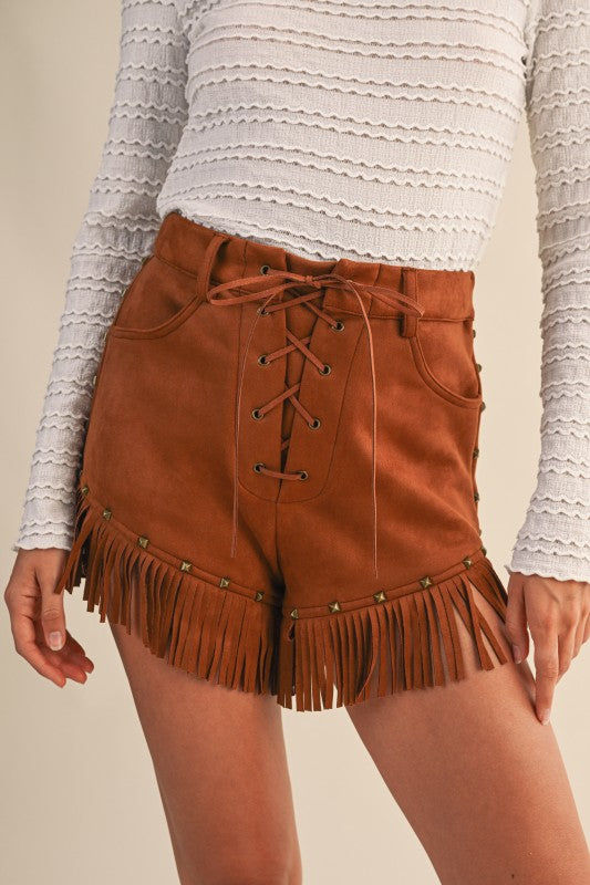 Suede Fringe Stud Front Lace Up Shorts in Black or Camel