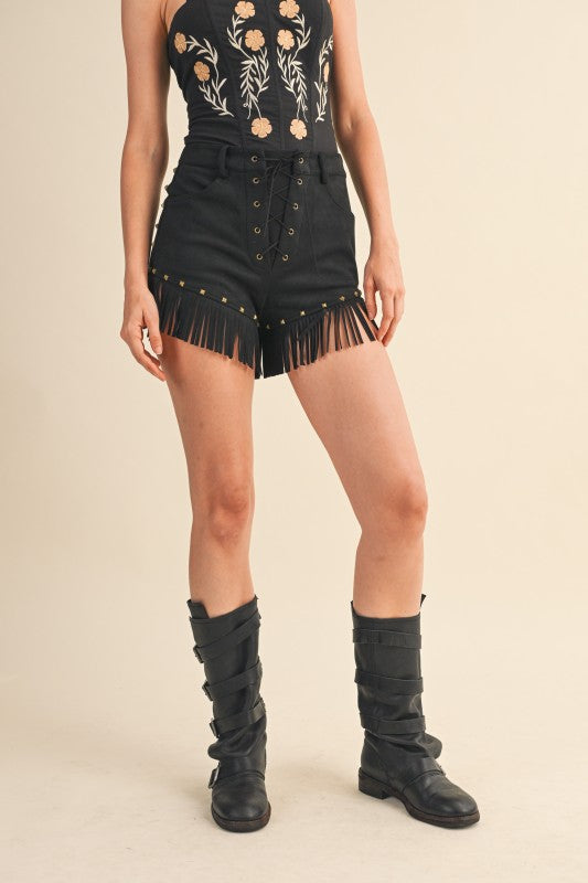 Suede Fringe Stud Front Lace Up Shorts in Black or Camel