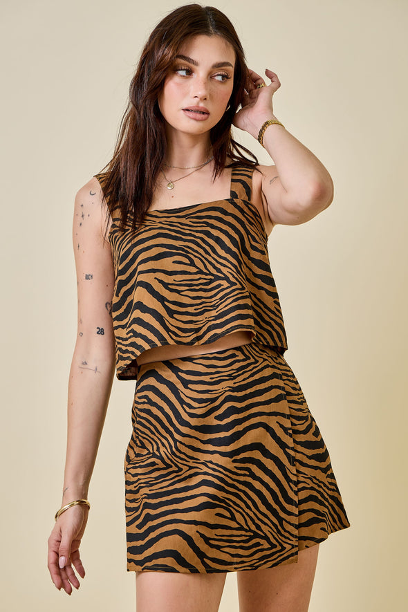 Tiger Stripe Printed Square Neck Crop Top and Asymmetric Mini Wrap Skort (SOLD SEPARATELY)