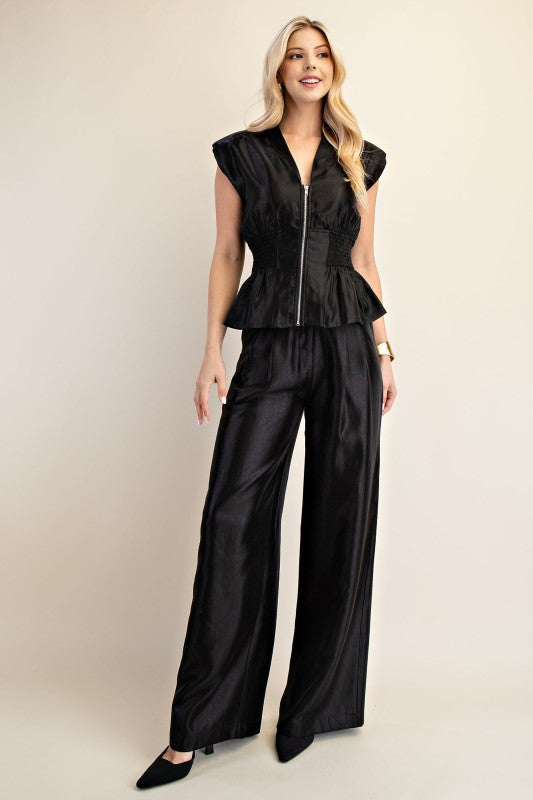 V Neck Padded Front Zip Smocked Top in 2 Colors