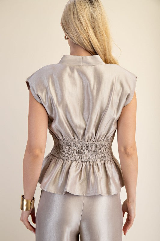 V Neck Padded Front Zip Smocked Top in 2 Colors