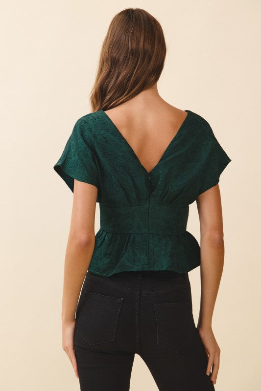 Textured Deep V Neck Ruched Top