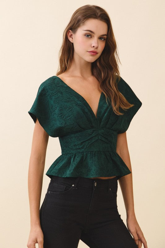 Textured Deep V Neck Ruched Top