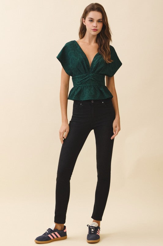 Textured Deep V Neck Ruched Top