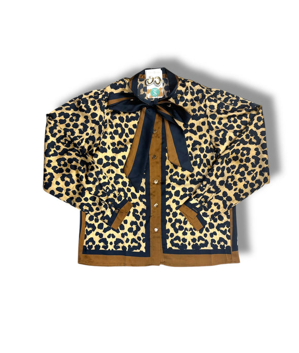 Leopard Print Button Down Blouse With Neck Tie
