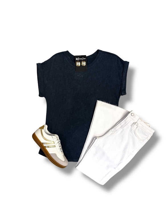 Slubbed Knit Top With Cuff Sleeves