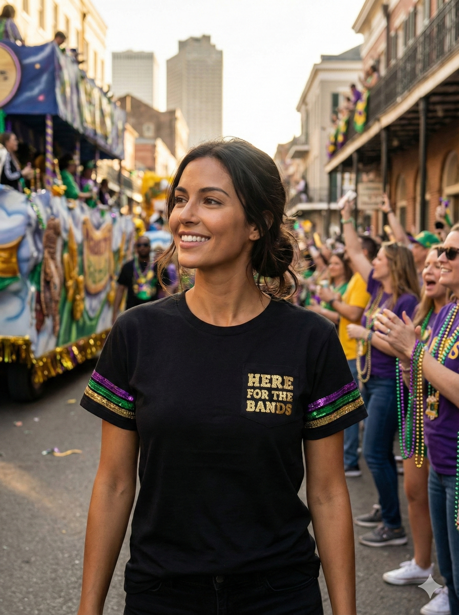 Mardi Gras Sequined Here for the Bands Top (XS-XXL) – NOLA BOO