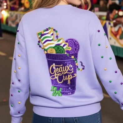 Purple Mardi Gras Geaux Cup Sweatshirt With Pearl Sleeves (XS-XXL)