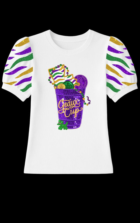 Mardi Gras Sequined Geaux Cup Puff Sleeve Top (XS-XXL)