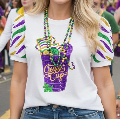 Mardi Gras Sequined Geaux Cup Puff Sleeve Top (XS-XXL)