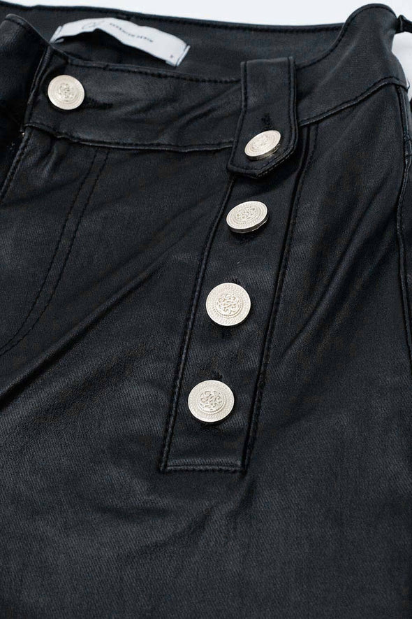 Black Faux Leather Trousers With Button Detail
