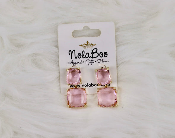 Square Cut Jewel Dangle Earrings In Pink Or Clear