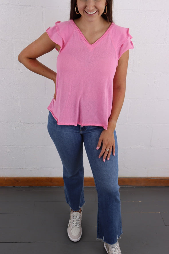 V Neck Raw Edged Top In Pink Black and White