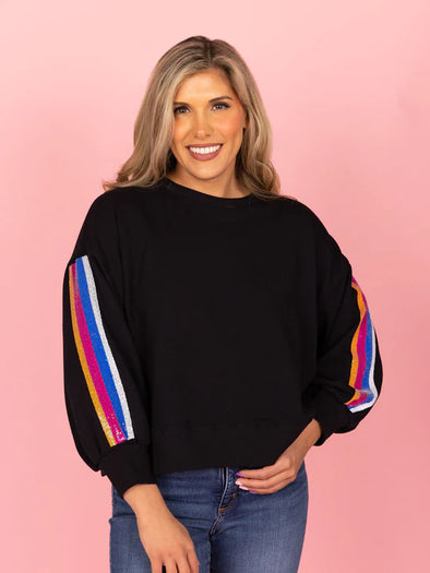 The Millie Black Sweatshirt With Sequin Stripes
