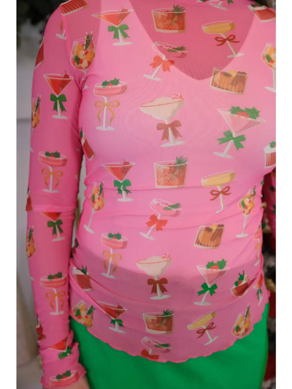Christmas Cocktails Pink Mesh Top (S-XL)