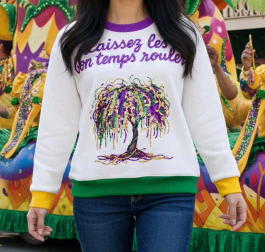 Mardi Gras Bead Tree Sequin Embroidery Sweater