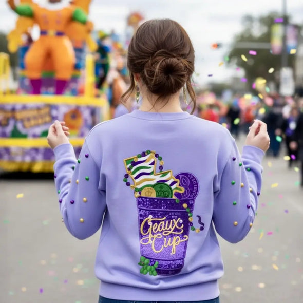 Purple Mardi Gras Geaux Cup Sweatshirt With Pearl Sleeves (XS-XXL)