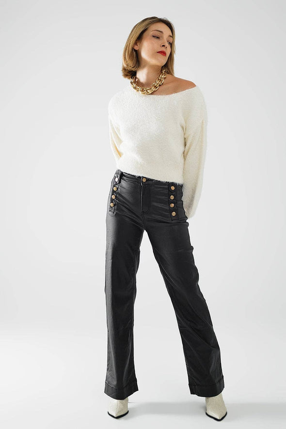 Black Faux Leather Trousers With Button Detail