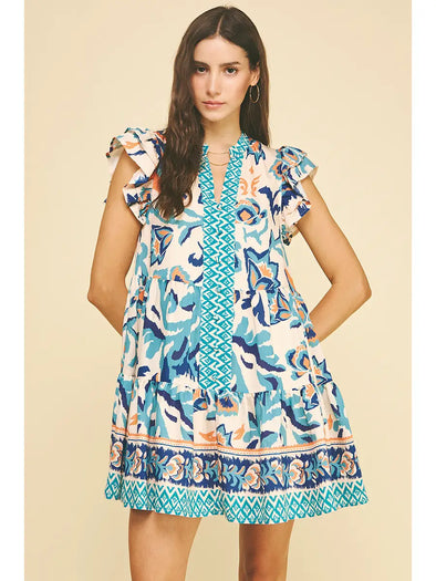 Blue Contrast Floral Mini Dress